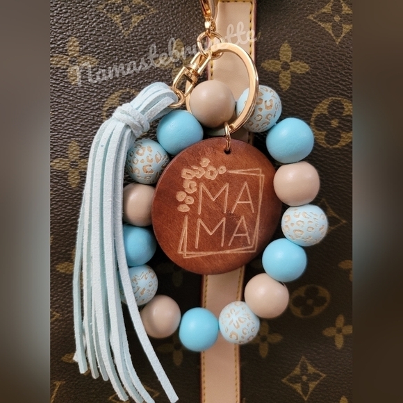 Wooden Beaded Mama Keychain Bag Charm With Blue Tassel - Picture 10 of 11